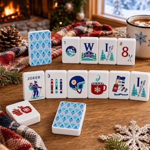 Winter Ski Mahjong Tiles Set, Ski Lodge American Mah Jongg Game Set, 1.4"x1.0"x0.6" Acrylic Mahjong Tiles, Blue Winter Mountain Design