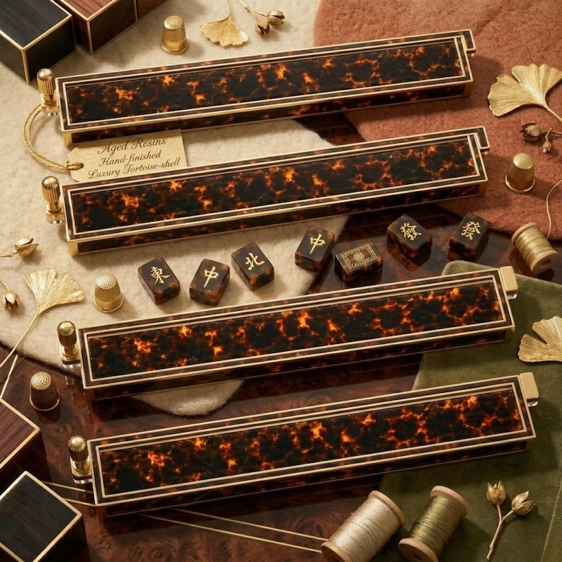 Puede incluir: Cuatro soportes rectangulares para mahjong con un patr&oacute;n de carey en tonos marr&oacute;n oscuro y naranja, con bordes de metal dorado. Una etiqueta peque&ntilde;a dice Aged Resins Hand finished Luxury Tortoise-shell. Incluye varias fichas de mahjong con caracteres dorados.