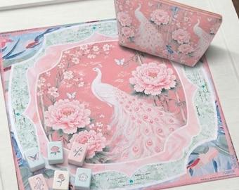 Cherry Blossom Peacock Mahjong Mat | Elegant Chinoiserie Table Runner, Pink Floral Game Accessories
