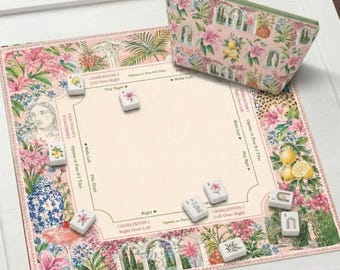 Mata do mahjonga w stylu włoskiego ogrodu, różowa mata do mahjonga w stylu chinoiserie, prezent dla Grandmillennial Mahjong, antypoślizgowa osłona na stół, wysyłka w rolkach