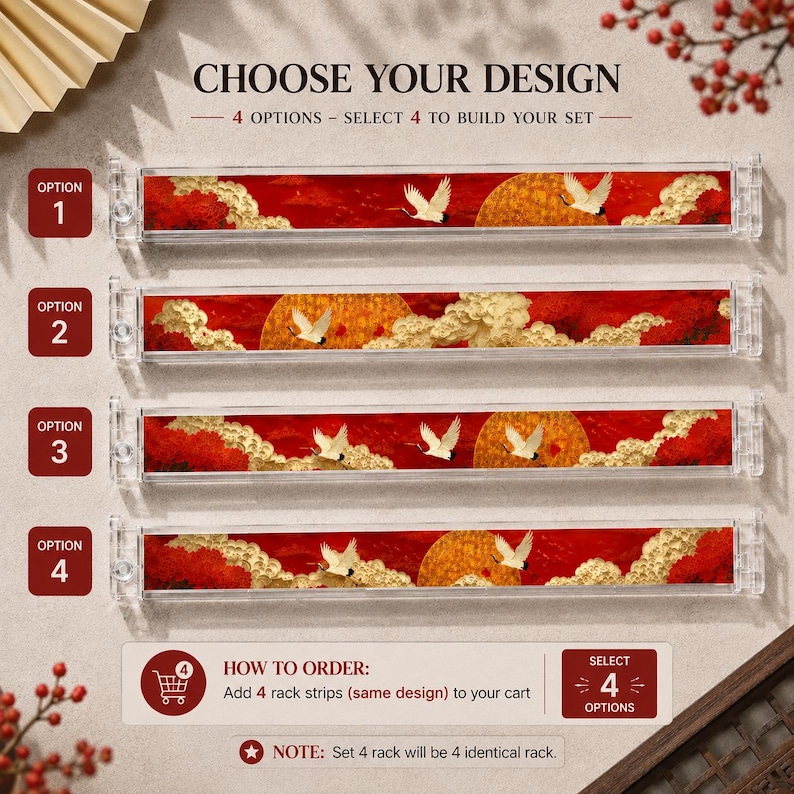 May include: Four decorative rack strips with a red background, gold clouds, and white cranes. The text "CHOOSE YOUR DESIGN" is at the top, with instructions to select four options. The image shows four different design options.