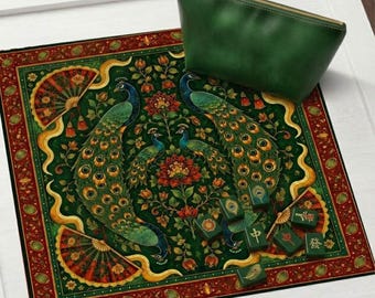 Tapete de Mahjong con diseño de pavo real esmeralda, decoración floral estilo chinoiserie, regalo para jugadores de Mahjong americanos, funda protectora antideslizante para mesa, se envía enrollado.