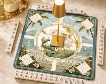 Chinoiserie White Lotus Mahjong Mat, Zen Decor Mahjong Accessories, Healing Energy, Non-Slip Table Protection, SHIPS ROLLED