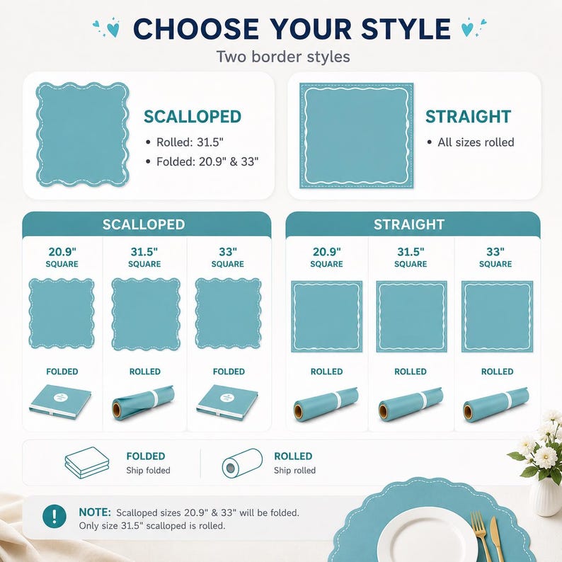 May include: An informational chart titled CHOOSE YOUR STYLE showing two border options: scalloped and straight. It displays teal square products in 20.9", 31.5", and 33" sizes, illustrating folded and rolled delivery formats with text labels and icons.