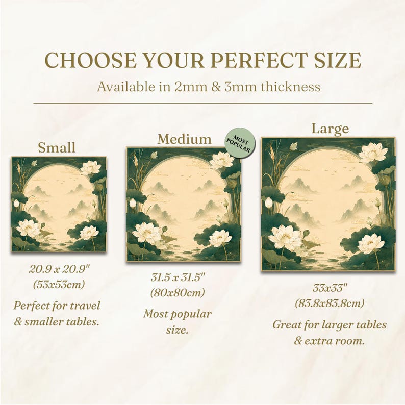 May include: A size guide for square mats featuring a lotus and mountain landscape illustration. Three sizes are shown: Small at 20.9 x 20.9 inches, Medium at 31.5 x 31.5 inches, and Large at 33 x 33 inches. The mats are available in 2mm and 3mm thickness.