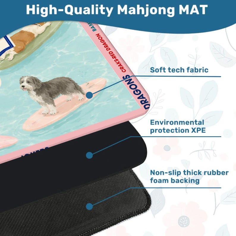 May include: A high-quality Mahjong mat featuring a whimsical design of dogs surfing on pink surfboards in a blue ocean. The mat has a soft tech fabric surface, environmental protection XPE, and a non-slip thick rubber foam backing.