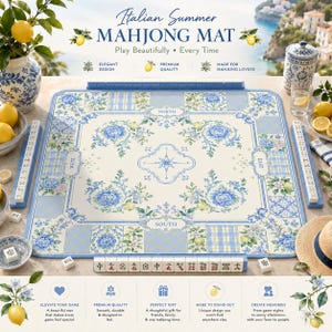 May include: A light blue and white floral Mahjong mat with the text "Italian Summer Mahjong Mat". The mat has a compass rose design in the center and is surrounded by blue and white tiles. Includes Mahjong tiles and accessories.