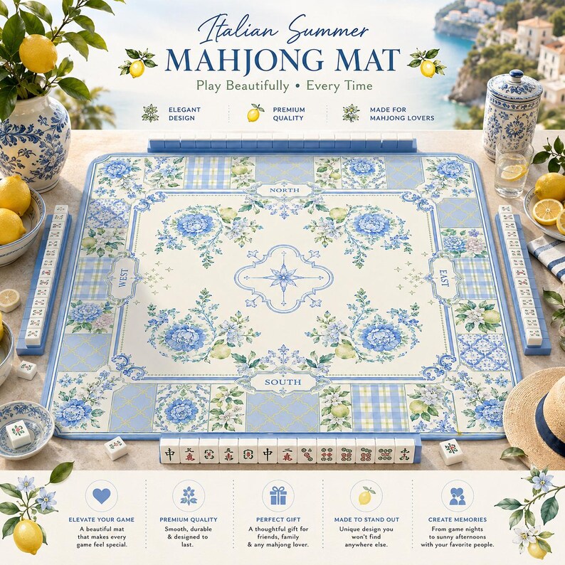 May include: A light blue and white floral Mahjong mat with the text "Italian Summer Mahjong Mat". The mat has a compass rose design in the center and is surrounded by blue and white tiles. Includes Mahjong tiles and accessories.