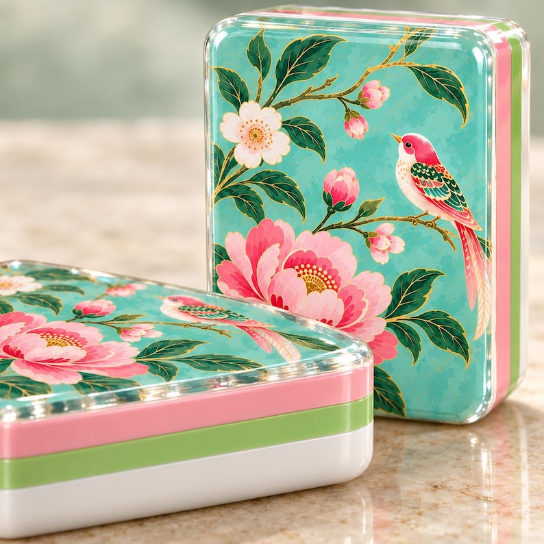 May include: Two rectangular storage tins featuring a teal background with pink peony flowers, green leaves, and a small pink bird perched on a branch. The sides of the tins are layered with pink, light green, and white bands, creating a colorful design.