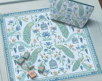 Tapete de Mahjong Blue Jade Peacock – Mahjong Americano Chinoiserie – Regalo para Jugador de Mahjong – Funda protectora antideslizante para mesa, SE ENVÍA ENROLLADO
