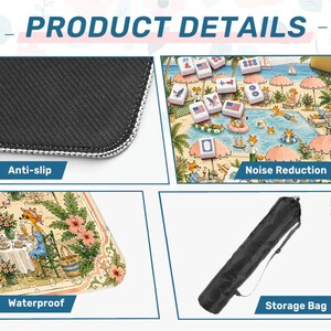 May include: A product details graphic featuring a black anti-slip mat texture, a colorful illustration of foxes at a pool with mahjong tiles, a close-up of a fox dining scene, and a black cylindrical storage bag with a shoulder strap for transport.