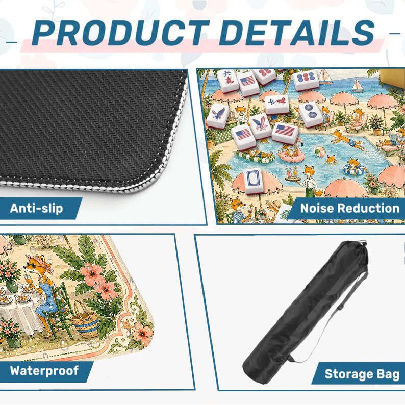 May include: A product details graphic featuring a black anti-slip mat texture, a colorful illustration of foxes at a pool with mahjong tiles, a close-up of a fox dining scene, and a black cylindrical storage bag with a shoulder strap for transport.
