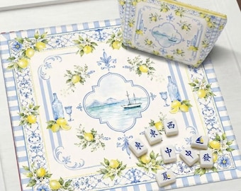 Watercolor Italian Lemon Mahjong Mat, Seaside Summer Style Mah jongg, 3 Size Anti-Slip Noise Reduction Table Protection Cover