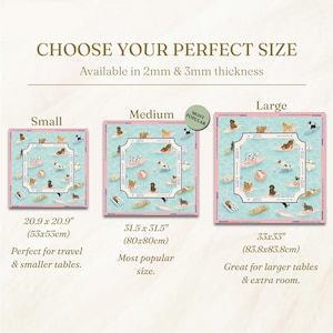 May include: Square dog-themed placemats in three sizes: small (20.9 x 20.9 inches), medium (31.5 x 31.5 inches), and large (33 x 33 inches). Each features a light blue background with dogs surfing and relaxing on floats. The text "CHOOSE YOUR PERFECT SIZE" is at the top.