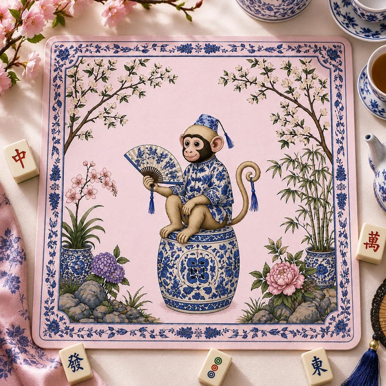 May include: Pink square placemat with a blue and white floral border. The placemat features a monkey in traditional Chinese attire, holding a fan, sitting on a blue and white stool. Decorative elements include flowers, bamboo, and mahjong tiles.