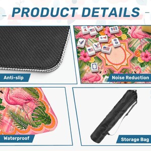 May include: A pink and green Mahjong game mat with a flamingo design. The mat is waterproof and has noise reduction properties. The image also shows the anti-slip backing and a black storage bag.
