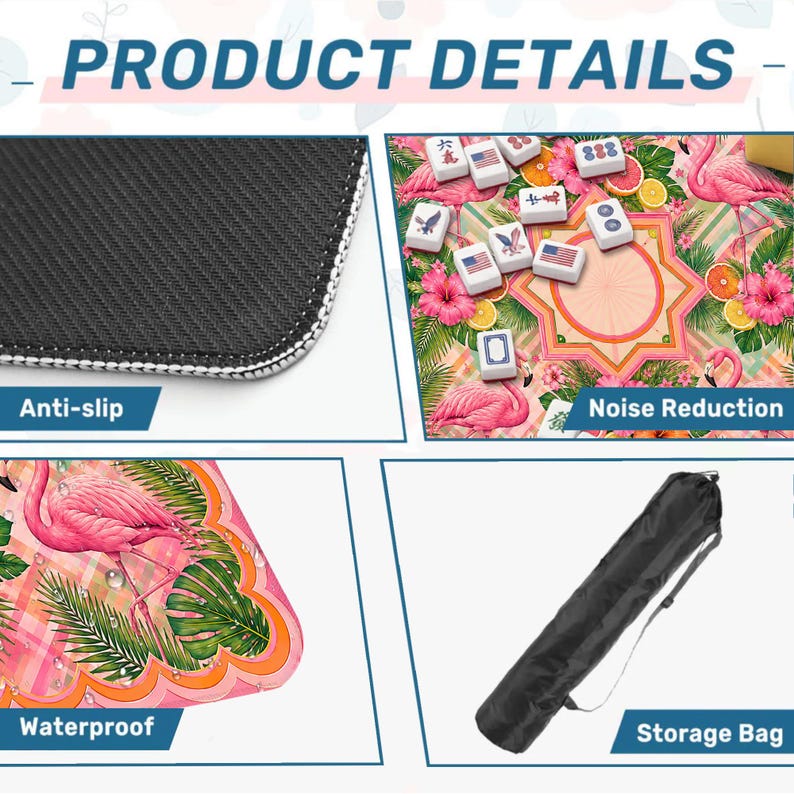 May include: A pink and green Mahjong game mat with a flamingo design. The mat is waterproof and has noise reduction properties. The image also shows the anti-slip backing and a black storage bag.