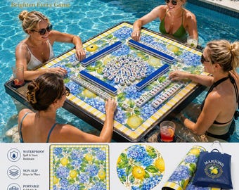 Whimsical Watercolor Italian Summer Mahjong Mat, Lemons & Hydrangeas Pattern Game Pad, Washable Play Mat, Non-Slip Table Protection