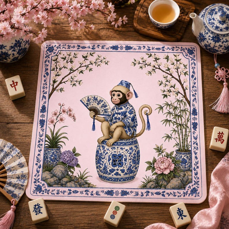 May include: A pink square placemat with a blue and white floral border. The placemat features a monkey in traditional Chinese clothing holding a fan, sitting on a blue and white ceramic stool. Cherry blossoms and bamboo are also depicted.