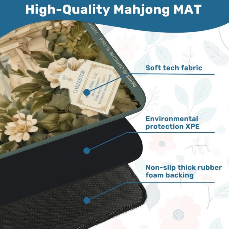 Puede incluir: Una alfombrilla de Mahjong de alta calidad con un dise&ntilde;o floral con flores blancas y follaje verde. La alfombrilla tiene una superficie de tejido t&eacute;cnico suave, protecci&oacute;n ambiental XPE y un respaldo de espuma de goma gruesa antideslizante.