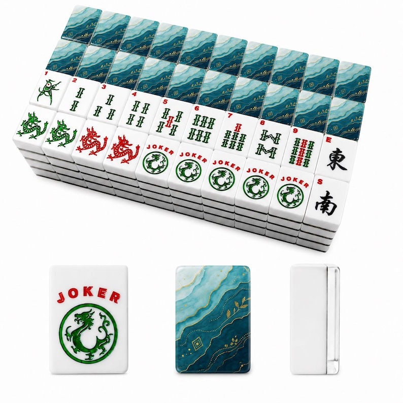 May include: A set of white Mahjong tiles featuring a teal and blue marbled pattern on the back with gold accents. The front of the tiles displays various green and red symbols, numbers, and the word JOKER with a green dragon illustration.