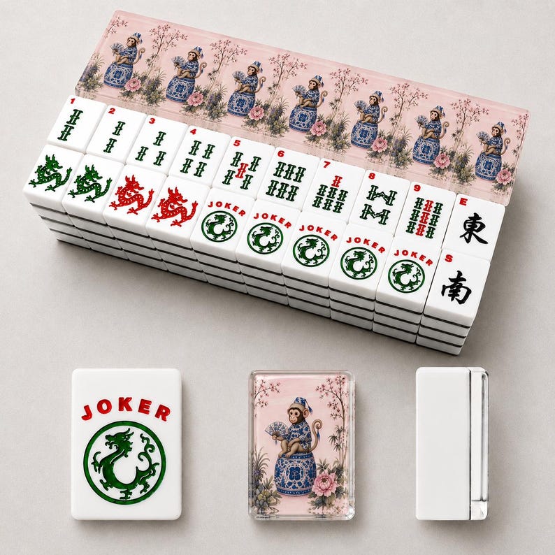 Op de afbeelding: Een complete Mahjong-set met witte tegels met zwarte symbolen en rode of groene drakenontwerpen. De set bevat een roze koffer met een decoratief patroon en accessoires, waaronder een Joker-tegel en een decoratieve kaart.