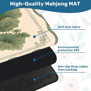May include: A Mahjong mat featuring a cream-colored surface with green lotus leaf illustrations and a geometric border. The mat is composed of three layers: a soft tech fabric top, an environmental protection XPE middle, and a non-slip rubber backing.