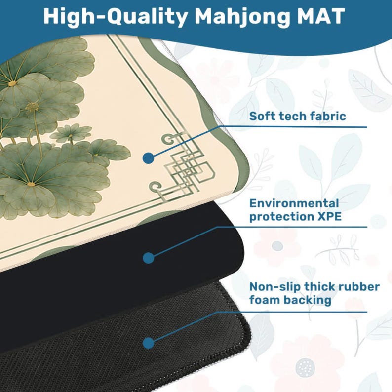 May include: A Mahjong mat featuring a cream-colored surface with green lotus leaf illustrations and a geometric border. The mat is composed of three layers: a soft tech fabric top, an environmental protection XPE middle, and a non-slip rubber backing.