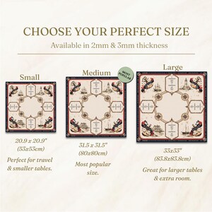 May include: Three square table mats with a nautical theme, featuring illustrations of ships, lighthouses, and anchors. Sizes include 20.9 x 20.9 inches, 31.5 x 31.5 inches, and 33 x 33 inches. The mats are available in 2mm and 3mm thickness options.