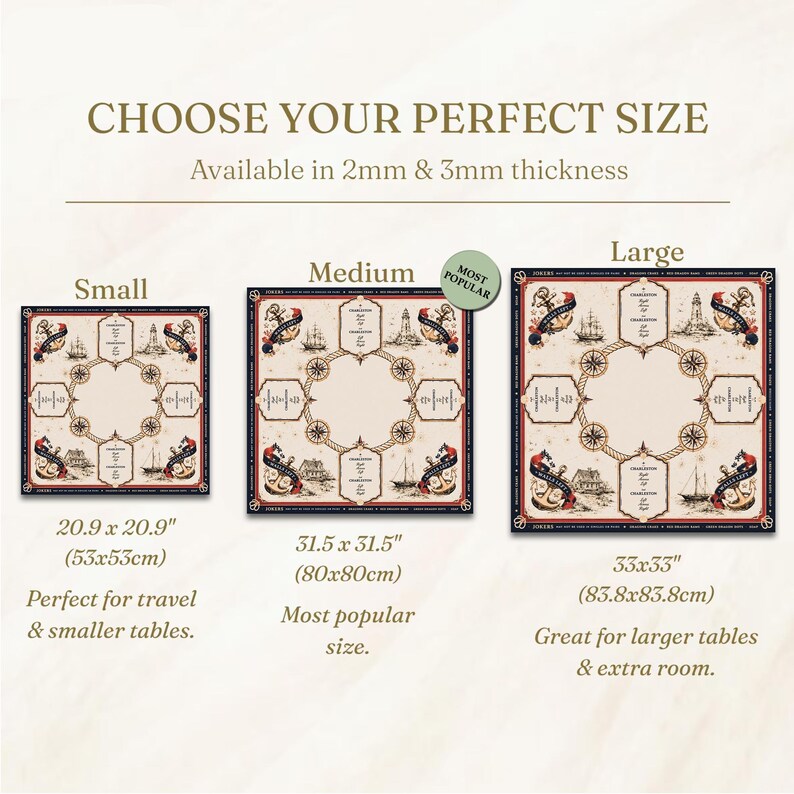 May include: Three square table mats with a nautical theme, featuring illustrations of ships, lighthouses, and anchors. Sizes include 20.9 x 20.9 inches, 31.5 x 31.5 inches, and 33 x 33 inches. The mats are available in 2mm and 3mm thickness options.