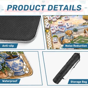May include: Image showcasing product details, including an anti-slip surface, noise reduction, and waterproof features. The image also features a storage bag. Text on the image reads "PRODUCT DETAILS".