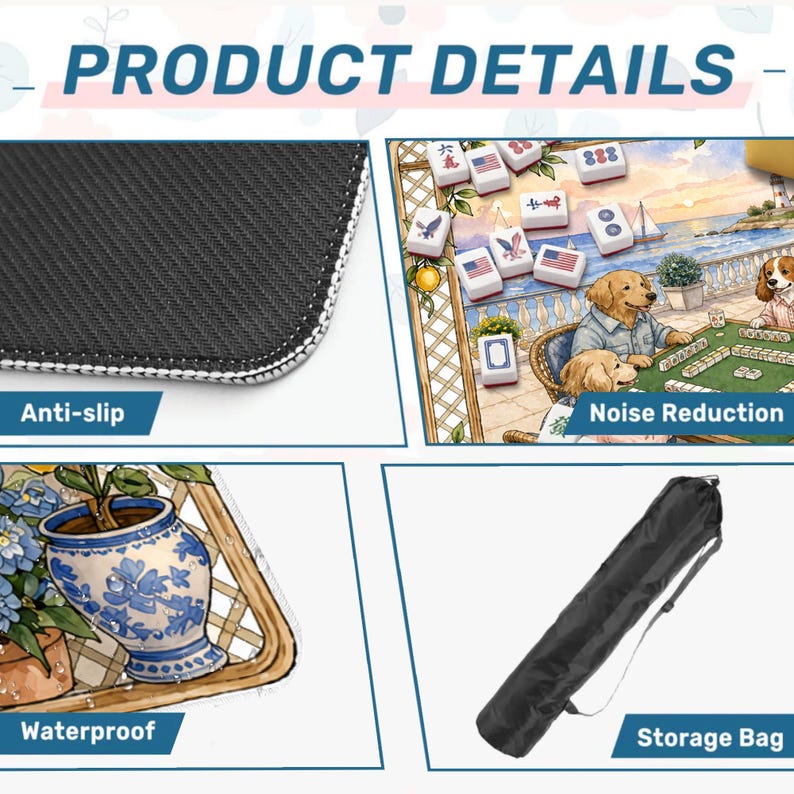May include: Image showcasing product details, including an anti-slip surface, noise reduction, and waterproof features. The image also features a storage bag. Text on the image reads "PRODUCT DETAILS".