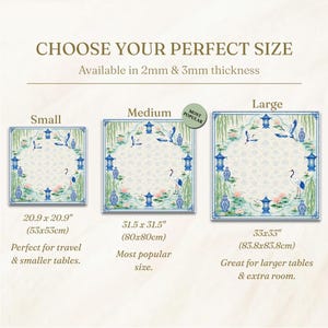 May include: A square tablecloth featuring a blue and white chinoiserie pattern with cranes, lanterns, and lotus flowers. Three sizes are shown: small 53 x 53 cm, medium 80 x 80 cm, and large 83.8 x 83.8 cm, with 2mm and 3mm thickness options available.