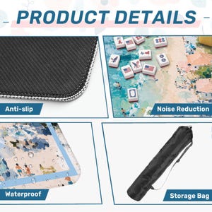 May include: Image detailing product features: an anti-slip mat, a game board with tiles, and a black storage bag. The image also highlights the waterproof and noise reduction properties of the product.