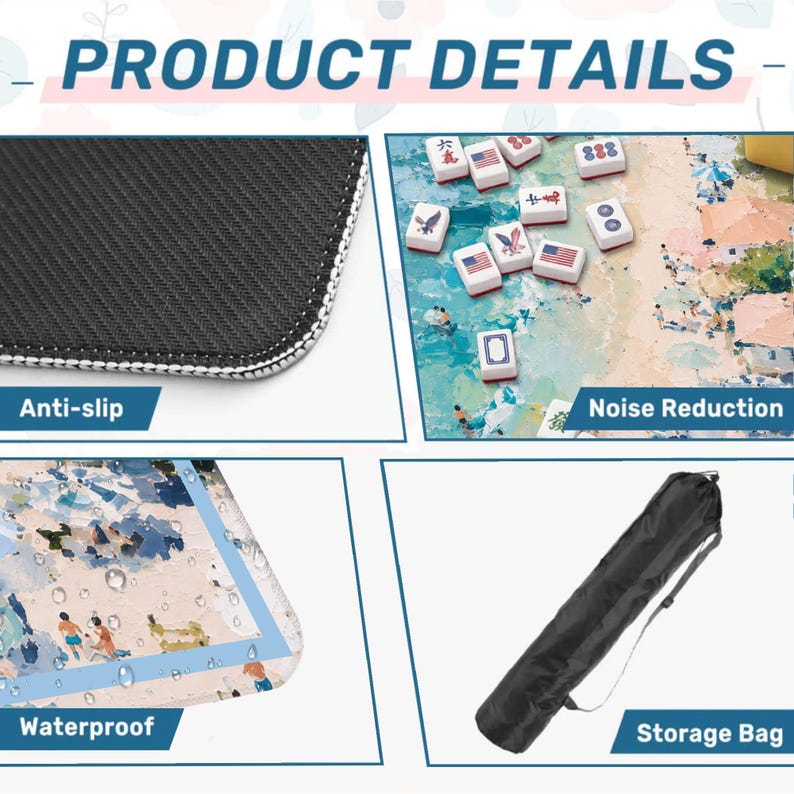 May include: Image detailing product features: an anti-slip mat, a game board with tiles, and a black storage bag. The image also highlights the waterproof and noise reduction properties of the product.