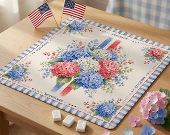 Patriotic Hydrangea Mahjong Mat: USA 250th Anniversary American Design, 4th of July Play Surface, Anti-Slip Noise Reduction Table Protection