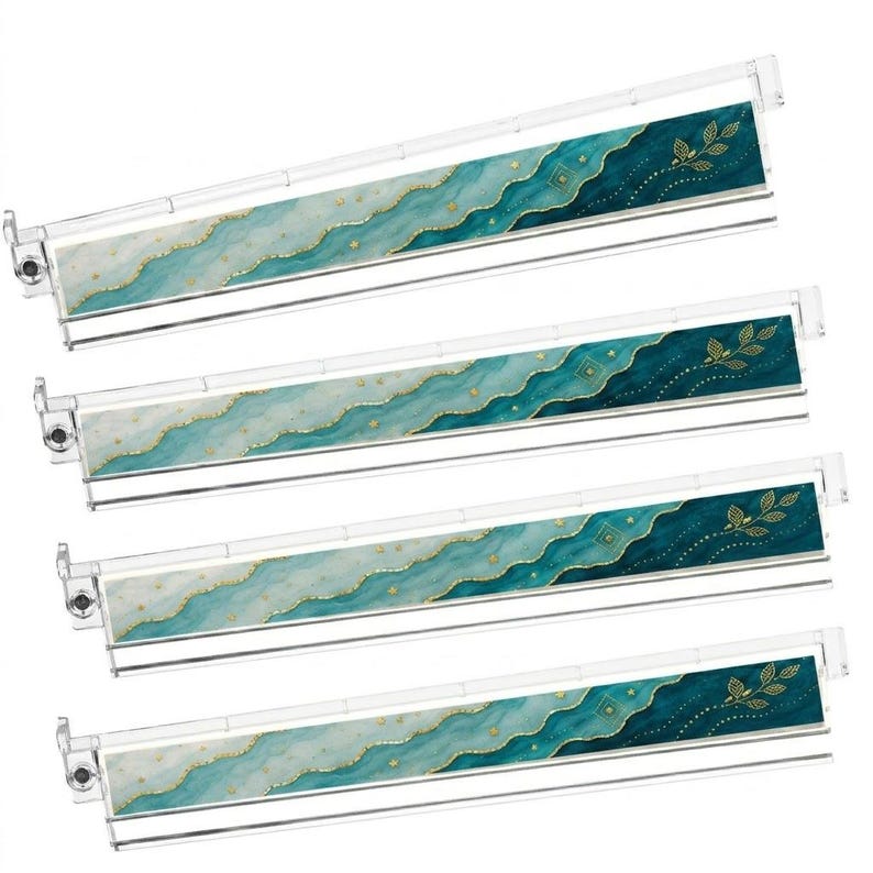 May include: Four clear plastic hanging poster rails featuring a teal and dark blue gradient wave pattern with gold-coloured leaf accents and small star motifs. Each rail has a hinged design with a transparent frame and a decorative printed insert.