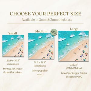 May include: A size guide for square beach-themed prints showing three options: Small at 20.9 x 20.9 inches, Medium at 31.5 x 31.5 inches, and Large at 33 x 33 inches. The text indicates availability in 2mm and 3mm thickness for all sizes.