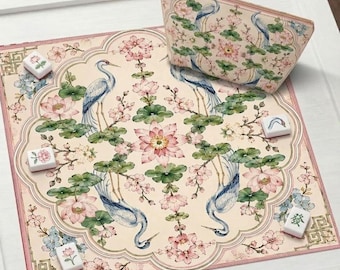 Tapete de Mahjong con garza simétrica, tapete de mesa de juego con grulla y loto de estilo chinoiserie en acuarela, ilustración de jardín zen, regalo de Mahjong para mamá y esposa.