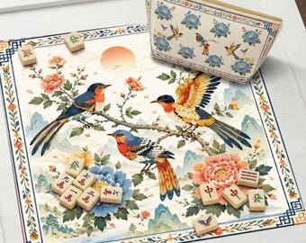 Tapete de Mahjong Chinoiserie Songbird, Decoración Floral de Peonías, Regalo American Mahjong, Funda Protectora de Mesa Antideslizante, SE ENVÍA ENROLLADO