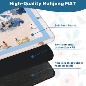 May include: A high-quality Mahjong mat with a colourful abstract design. The mat features soft tech fabric, environmental protection XPE, and a non-slip thick rubber foam backing. The text "High-Quality Mahjong MAT" is at the top.