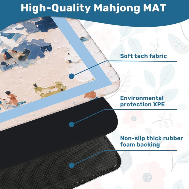 May include: A high-quality Mahjong mat with a colourful abstract design. The mat features soft tech fabric, environmental protection XPE, and a non-slip thick rubber foam backing. The text "High-Quality Mahjong MAT" is at the top.