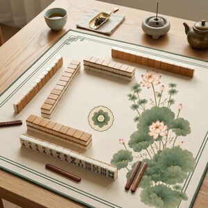 May include: A square mahjong mat featuring a cream-colored surface with a green lotus flower illustration and a decorative border. The mat is arranged with rows of rectangular mahjong tiles, two dark wooden racks, a tea cup, and a small incense burner.