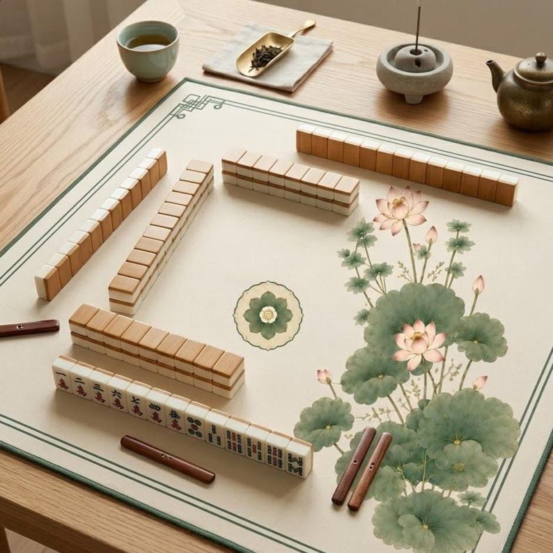 May include: A square mahjong mat featuring a cream-colored surface with a green lotus flower illustration and a decorative border. The mat is arranged with rows of rectangular mahjong tiles, two dark wooden racks, a tea cup, and a small incense burner.