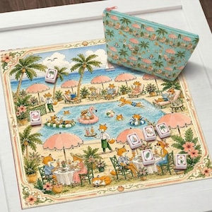 May include: A square fabric mat and a matching zippered pouch featuring a colorful illustration of foxes relaxing at a swimming pool with palm trees and pink umbrellas. Several rectangular game tiles with various icons are scattered on the mat.