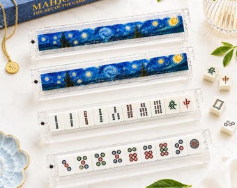 Sternenklare Nacht inspirierte Mahjong-Racks-Set 4 - Premium-Acrylhalter für amerikanischen Mahjong, Van Gogh Art Pusher & Fliesenhalter-Set
