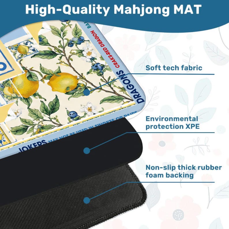 Puede incluir: Una esterilla de Mahjong de alta calidad con un dise&ntilde;o bot&aacute;nico con limones, hojas y ar&aacute;ndanos. La esterilla tiene un tejido t&eacute;cnico suave, protecci&oacute;n ambiental XPE y un respaldo de espuma de goma gruesa antideslizante. El texto "DRAGONS CRAKS-RED DRAGON BAM" es visible.