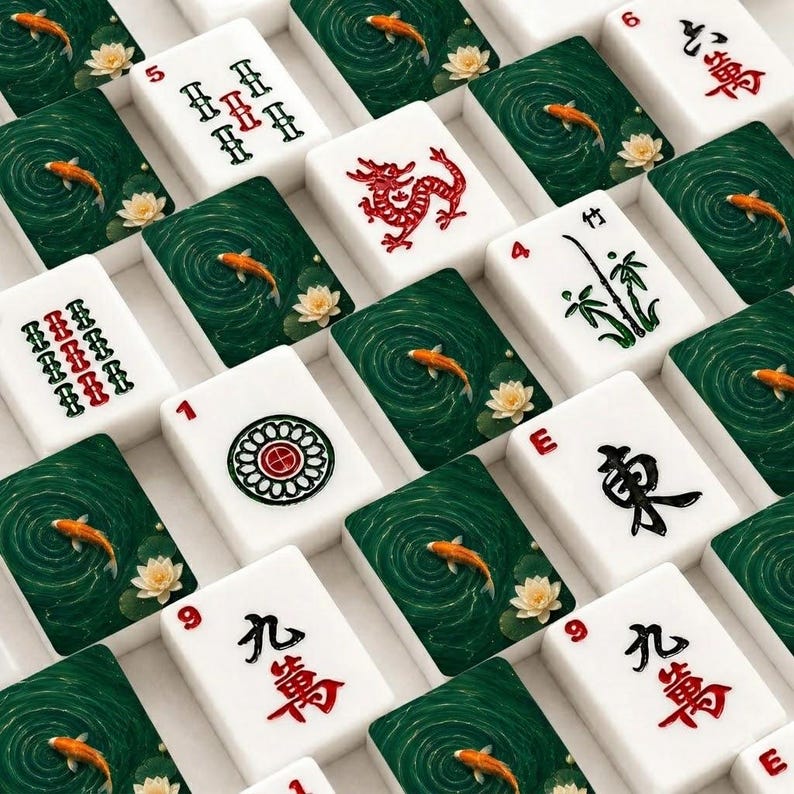 Pu&ograve; includere: Una collezione di tessere bianche da mahjong con un mix di caratteri cinesi tradizionali neri e rossi, numeri e motivi decorativi, alternate a tessere che raffigurano uno stagno verde con pesci koi arancioni e fiori di loto bianchi.