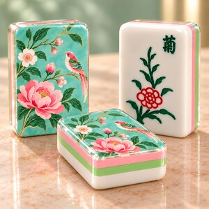 May include: Three rectangular mahjong tiles with rounded corners. Two tiles feature a teal background with pink flowers, green leaves, and a small bird. One white tile displays a green floral design with a red flower and a black Chinese character.