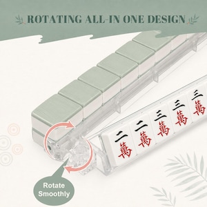 Puede incluir: Un soporte para fichas de Mahjong de pl&aacute;stico transparente con dise&ntilde;o giratorio. El soporte presenta dorsos verde salvia en un lado y fichas blancas con caracteres chinos negros y rojos en el otro. Texto: ROTATING ALL-IN ONE DESIGN y Rotate Smoothly.